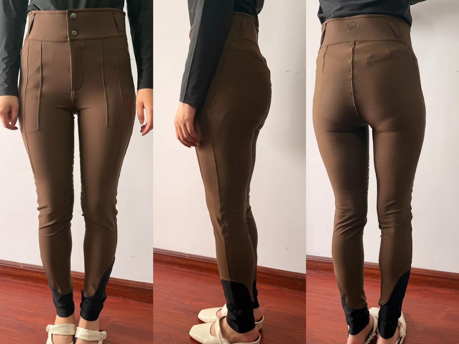 Braune Reithose bei der Anprobe, von vorn, seitlich und von hinten